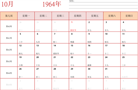 日历表1964年